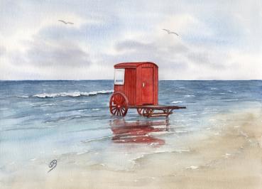 Poster DIN-A3 Aquarell Maritim Kunst Druck Kunstdruck Nordsee Insel Borkum Badekarren rot Strand Meer Dünen